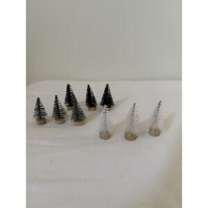 Mini Sisal Bottle Brush Trees Green White 2" Tall Lot of 9 Village Christmas